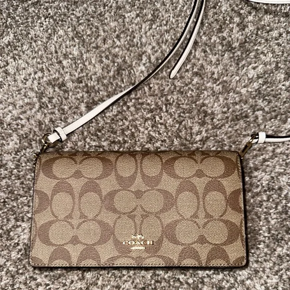 Coach Signature Khaki Chalk Coated Canvas Foldover clutch Crossbody Bag